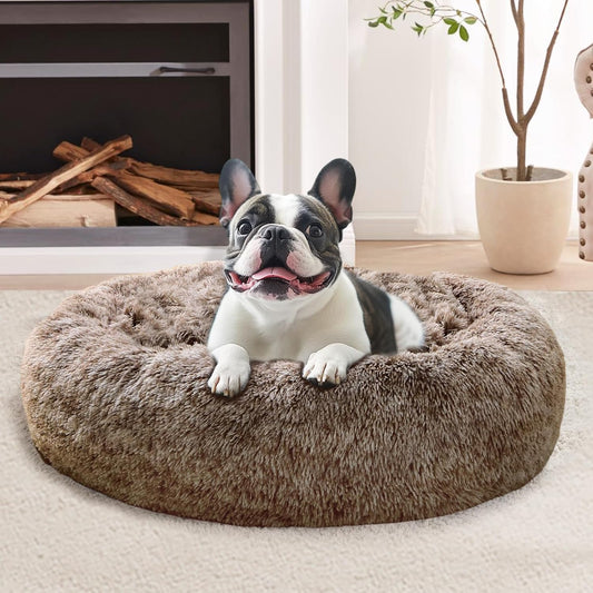 JOLLYVOGUE Calming Dog Bed for Small Dogs - 23 Inches Donut Washable Small Dog Bed for Kittens & Puppies, Anti-Slip round Fluffy Plush Faux Fur Cat Beds (Fits up to 25 Lbs Pets, Smoke Brown)