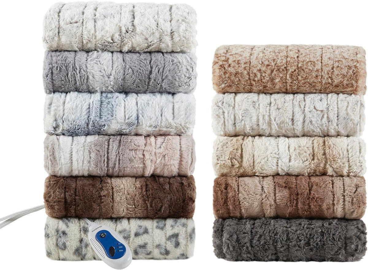 Beautyrest Reversible Heated Throw, Faux Fur Electric Blanket, Sand