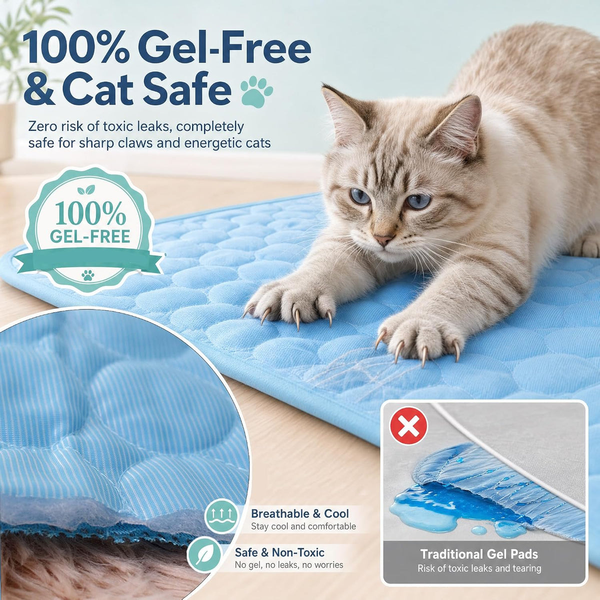 For Cats - Breathable Ice Summer Cushion, Portable & Lightweight, Gel-Free & Washable Pet Pad for Indoor Cats, Cat Beds, Sofas and Carriers (Large)