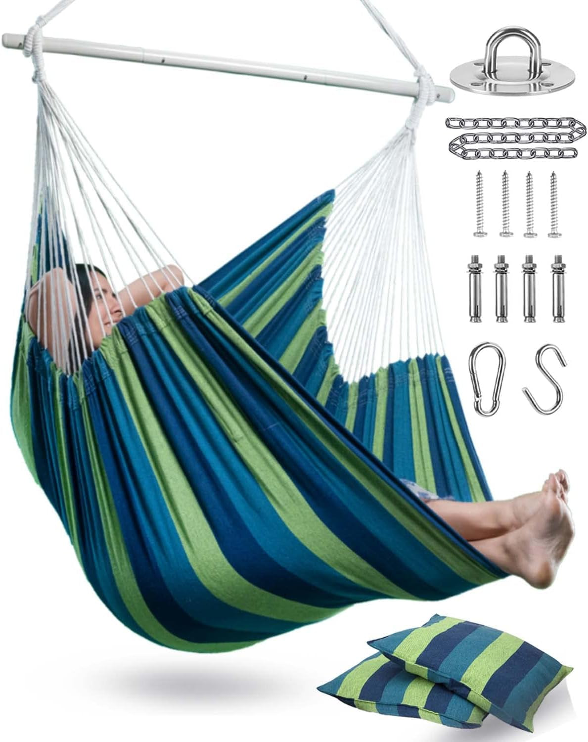 XXL Hammock Chair Hanging Rope Swing with 2 Cushions - Max 500Lbs-Perfect for Patio, Porch, Bedroom, Backyard, Indoor or Outdoor - Includes Hanging Hardware Kits