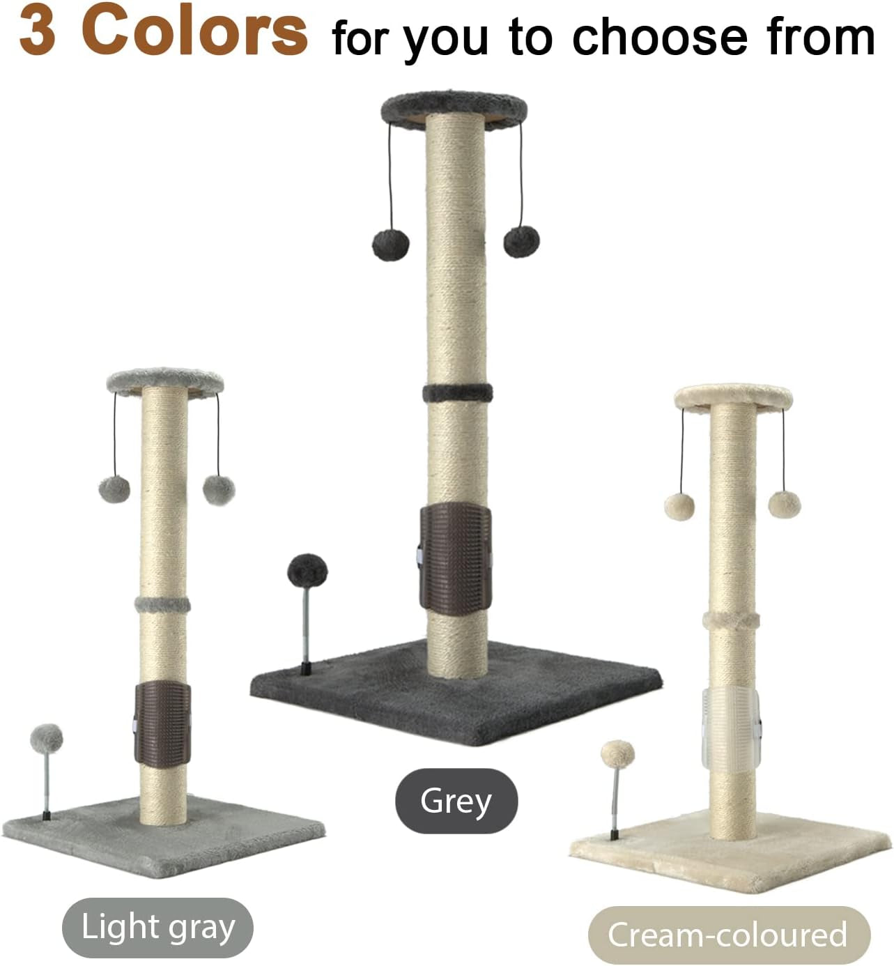 PEEKAB 32" Tall Cat Scratching Post Sisal Scratch Posts,With Hanging Ball and Self-Massage Brush Vertical Scratcher for Indoor Cats and Kittens Gray 32Inches