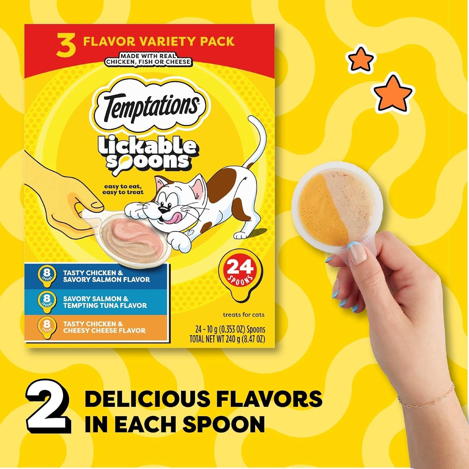 Temptations Lickable Spoons, Soft Lickable Cat Treats, Adult Wet Cat Treats, Variety Pack, 24 Spoons