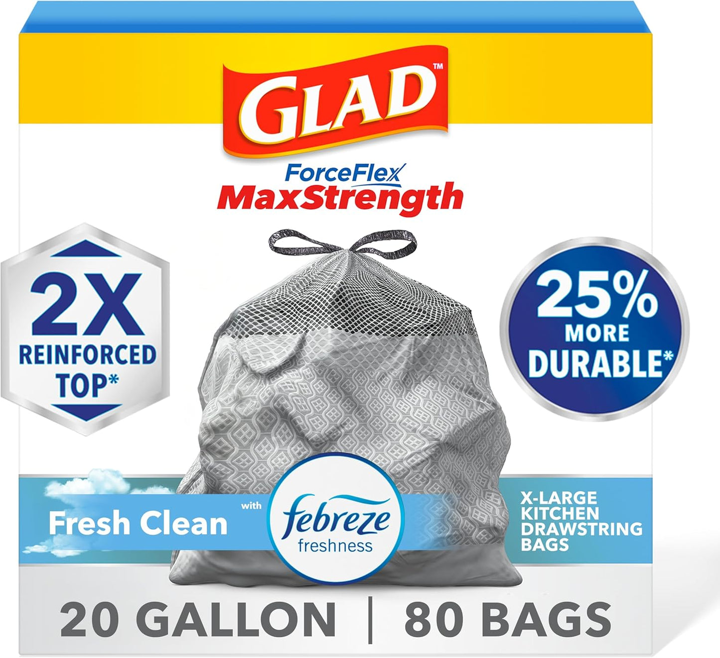 Glad Forceflex Maxstrength Kitchen Trash Bags, Rip and Tear Resistant, Fresh Clean Scented Large Garbage Bags, Odor Control, Febreze Freshness, 20 Gallon Trash Bags, 80 Count