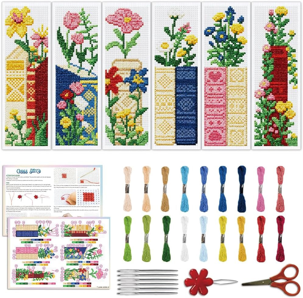 ACRNIGHEET 6PCS Stamped Cross Stitch Bookmark Kit for Beginners Flower 11CT