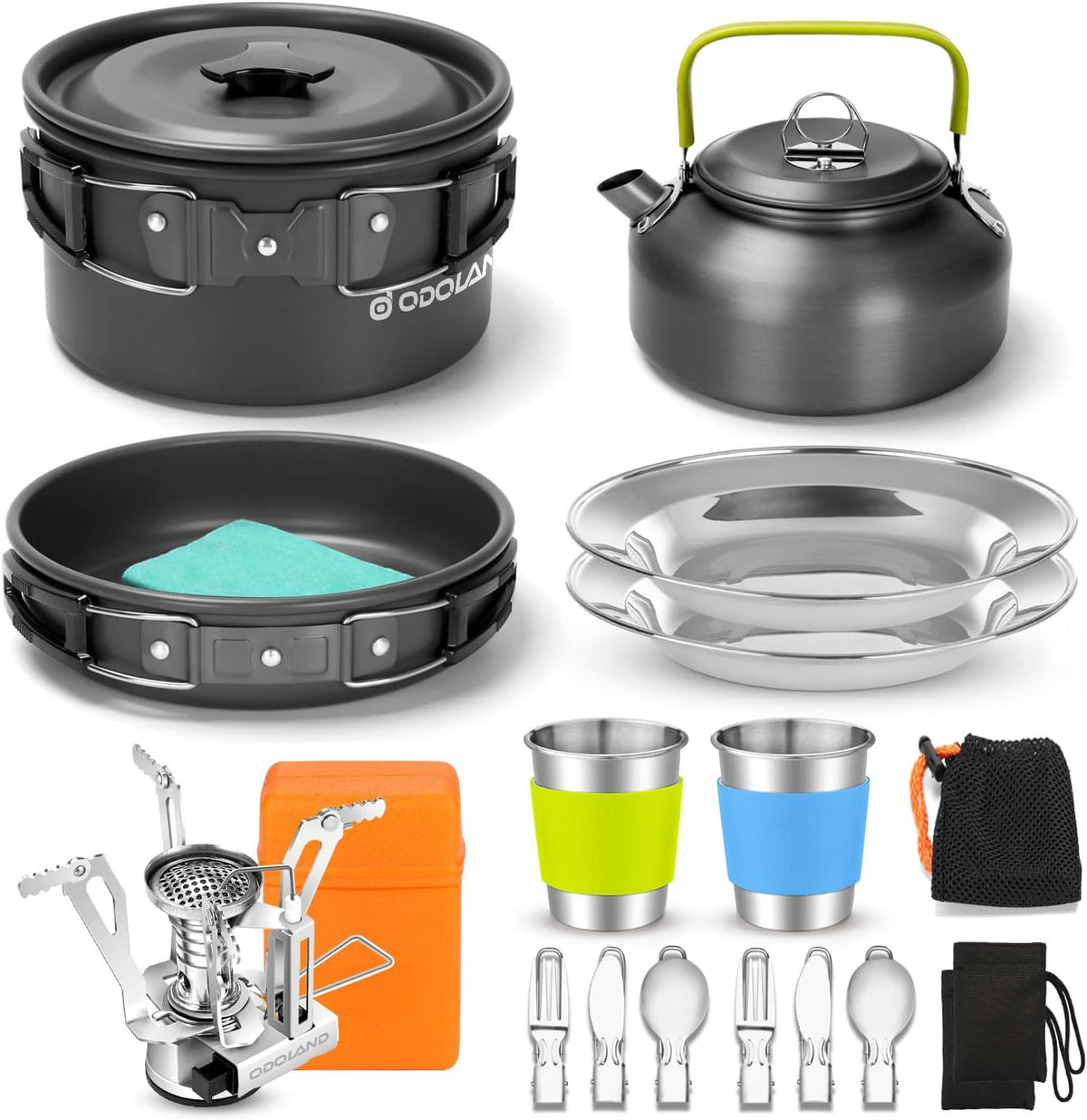 Odoland 17Pcs Camping Cookware Set with Folding Camping Stove for Camping