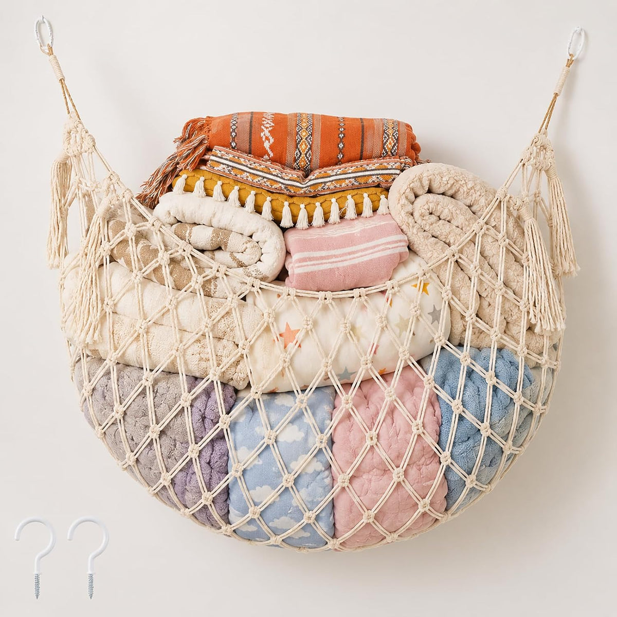 Large Macrame Wall Blanket Holder & Storage Hammock, Beige