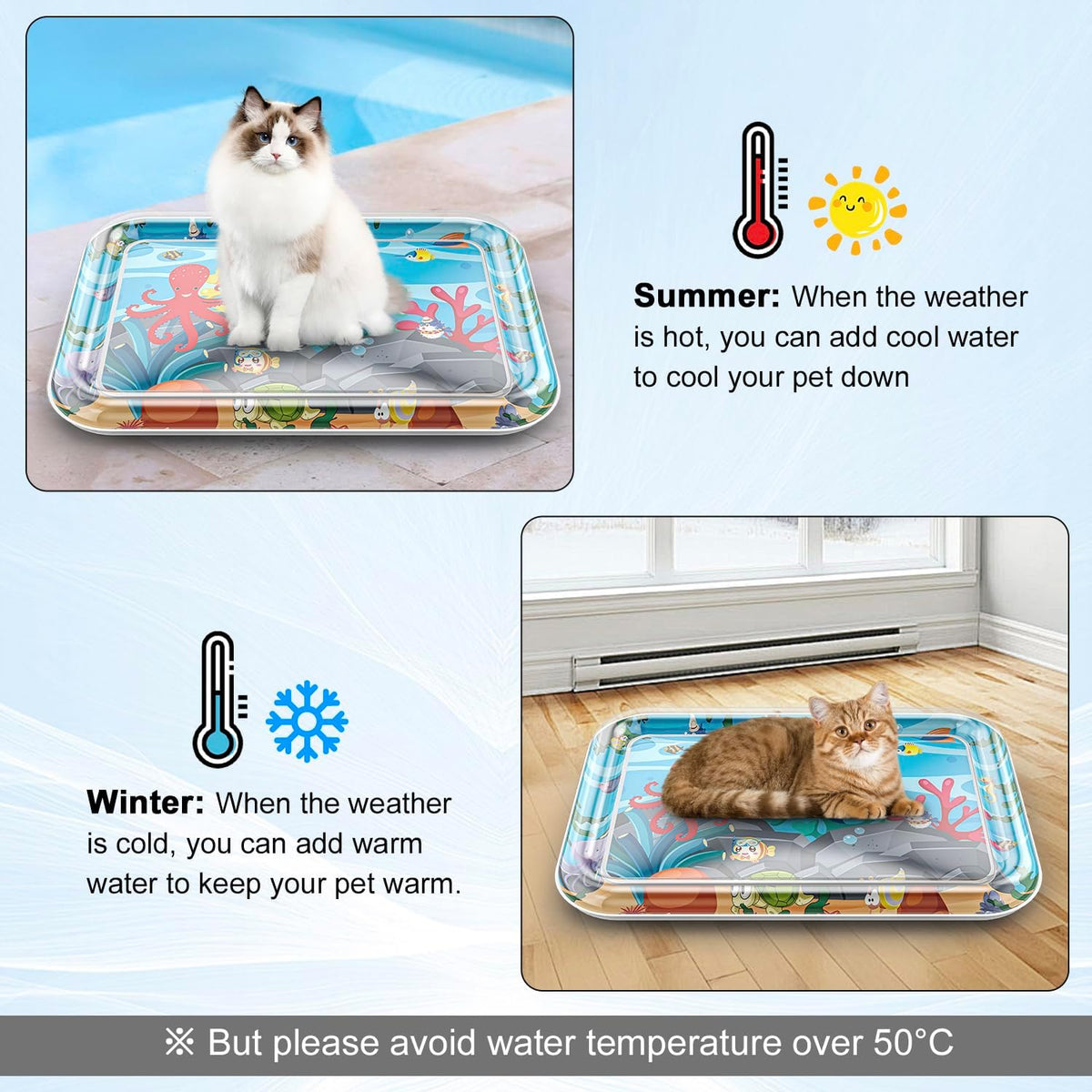 Marine Life Themed Cat Play Mat, Thickened Water Sensor Play Mat for Cats, Water Sensor Play Mat with Fish, Pet Water Sensor Mat, Water Sensor Mat Water Feature (Square Octopus)