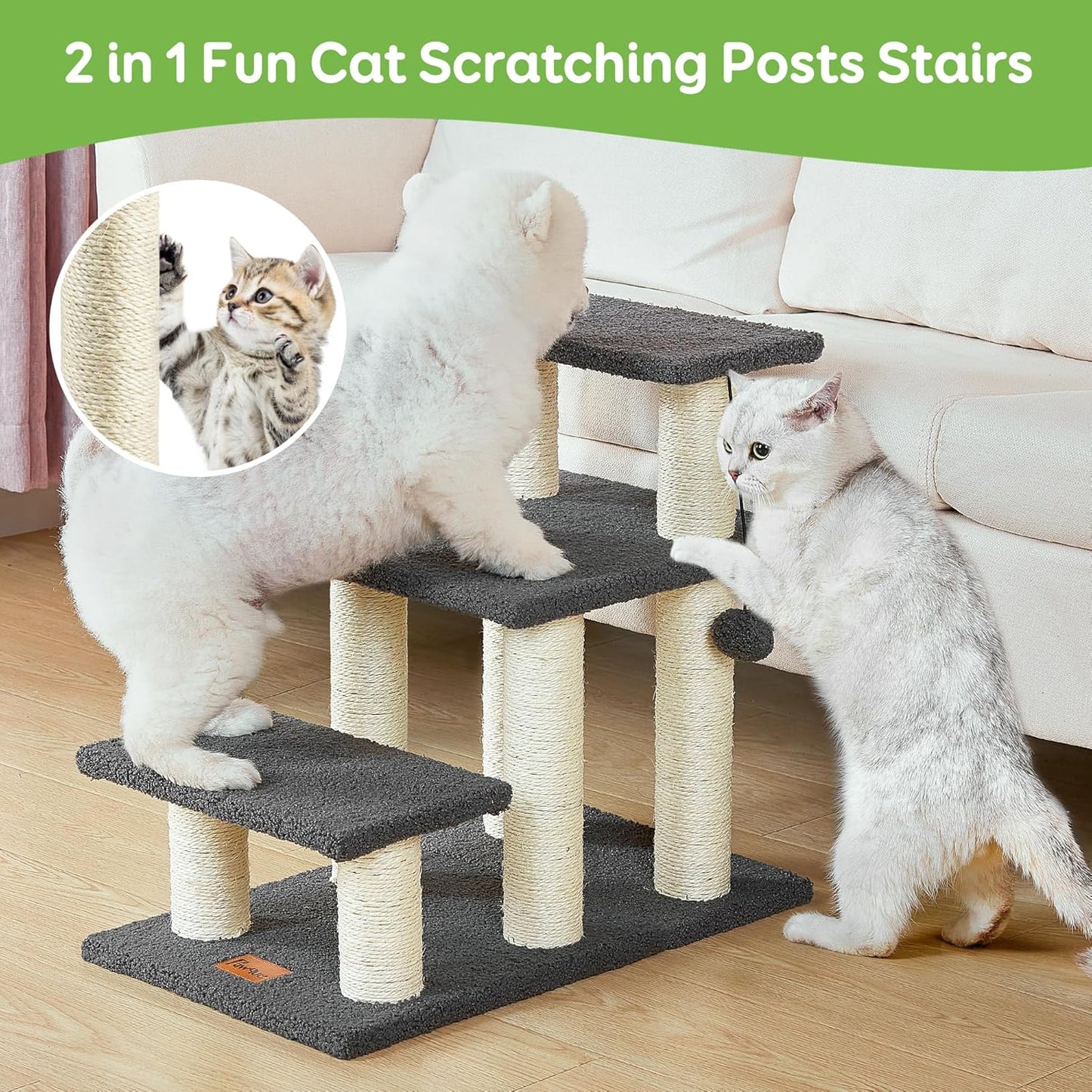 Pawque Dog Stairs & Cat Scratching Post Pet Steps for High Beds Couch, High-Strength Boards Holds up to 150 Lbs for Indoor Small Cats Kittens Dogs Climbing Playing, 3 Combination Options, 3 Steps-Grey