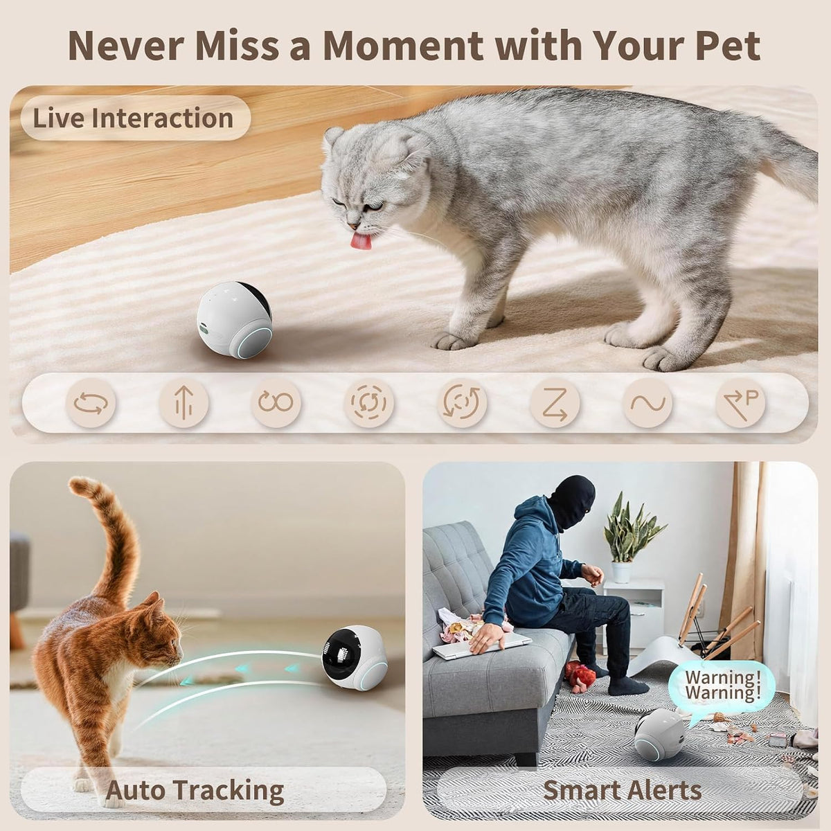 Small 1080P Mobile Pet Robot Camera with App Control, White