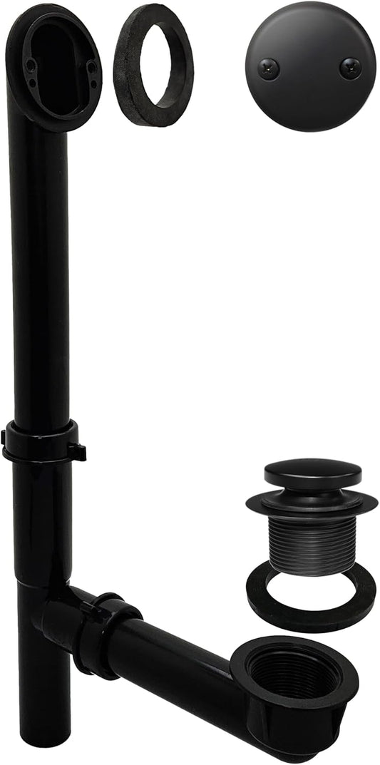 Westbrass 593144-62 14" Black Tubular Bathtub Waste & Overflow Assembly with with Tip-Toe Drain Plug and 2-Hole Faceplate, Matte Black