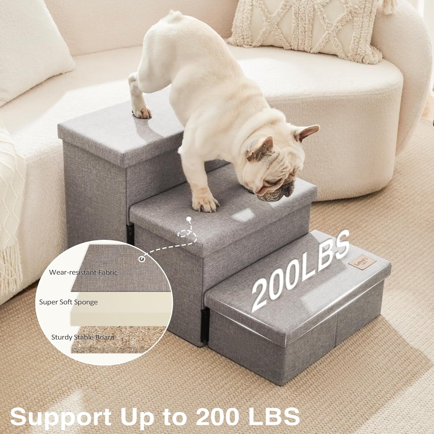 Love'S Cabin Dog Stairs for High Bed 18" H, Foldable Pet Stairs for Small Medium or Large Dogs Puppy with Storage for Bed or Couch, Cat Dog Steps Ramp with Zip up to 200 Lbs, Solid Grey, 3 Steps