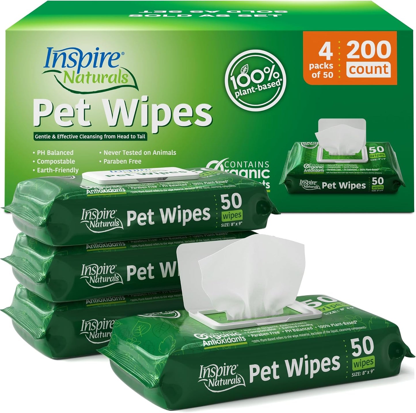 Inspire Naturals Pet Wipes for Dogs and Cats 100% Natural Plant Based with Organic Antioxidants, Dog Wipe Cleaning Deodorizing | Cat Wipes | Puppy Wipes | Dog Wipes for Paws and Butt (200Ct - 4 Pack)