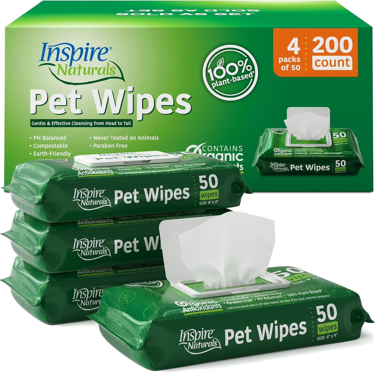 Inspire Naturals Pet Wipes for Dogs and Cats 100% Natural Plant Based with Organic Antioxidants, Dog Wipe Cleaning Deodorizing | Cat Wipes | Puppy Wipes | Dog Wipes for Paws and Butt (200Ct - 4 Pack)