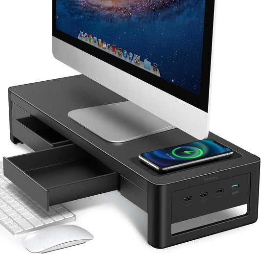 3 in 1 Monitor Stand Riser with 2 Drawers,1 Wireless Charging Module and 4 USB Ports,Metal Computer Stand Support Transfer Data & Charging,Desk Organizer for Pc,Imac (21 Inches)