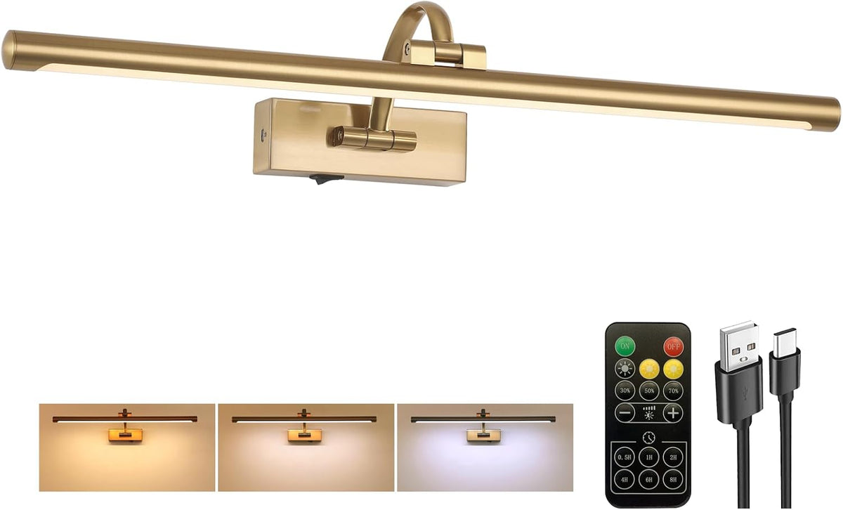 Tassuowell Picture Light Battery Operated with Remote, 3CCT Dimmable Picture Light for Paintings, Brass Rechargeable 24 Inch Battery Operated Wall Sconce for Art Lighting Gallery Portrait Artwork