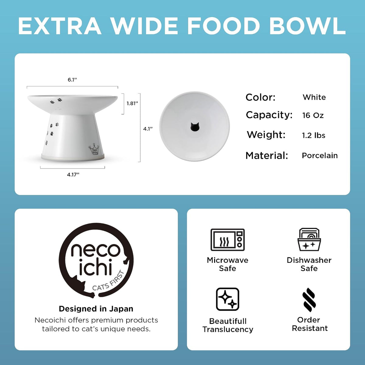 Necoichi Pocelain Ceramic Extra-Wide Elevated Cat Food Bowl (Cat, Extra Wide)