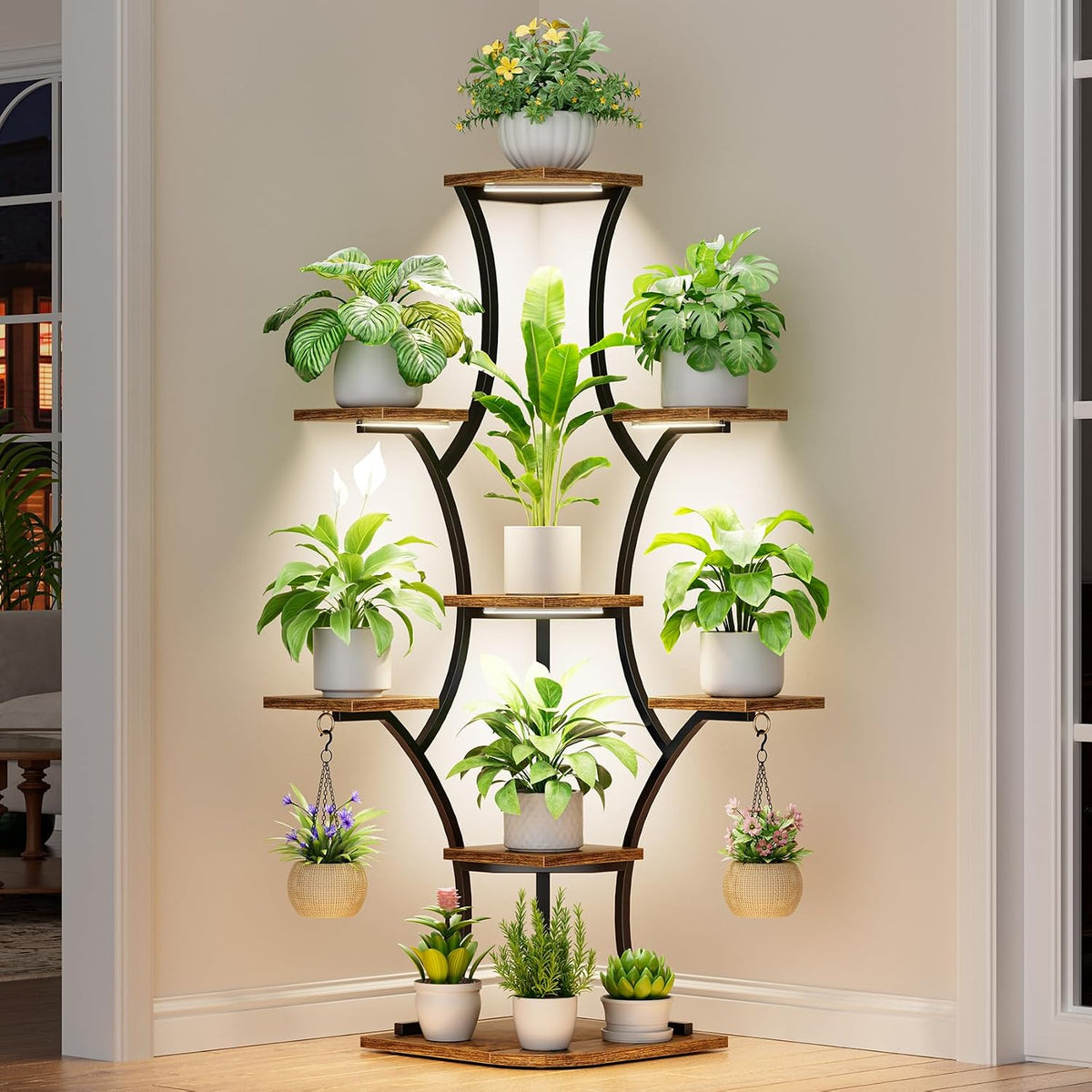 Corner Indoor Plant Stand with Grow Light, 8 Tier 52.6" Tall Plant Shelf