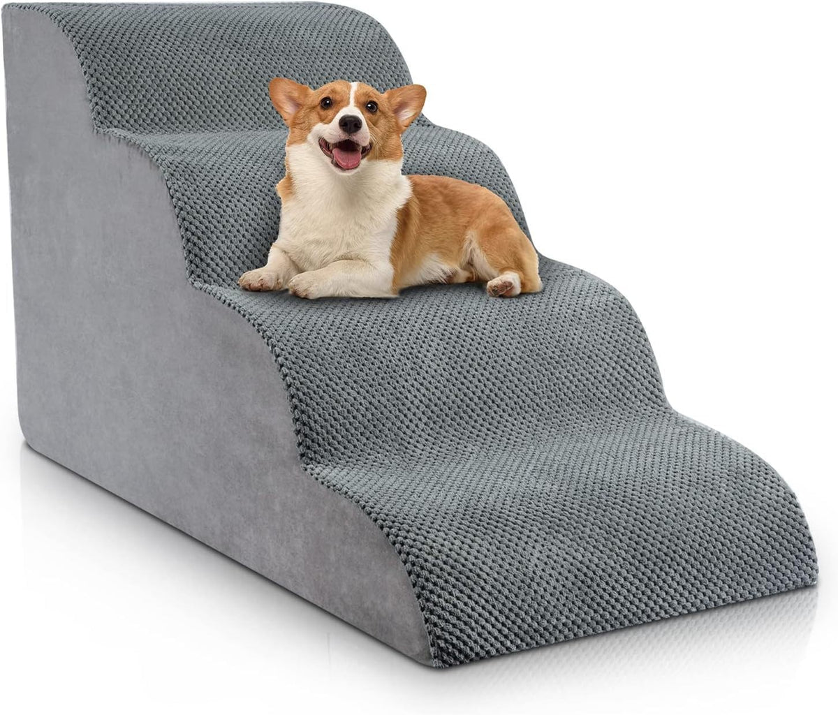 4-Tier High Density Foam Pet Stairs for Small Dogs & Cats, Non-Slip Pet Steps with Safety Side Rails, Removable Washable Cover for Bed, Sofa