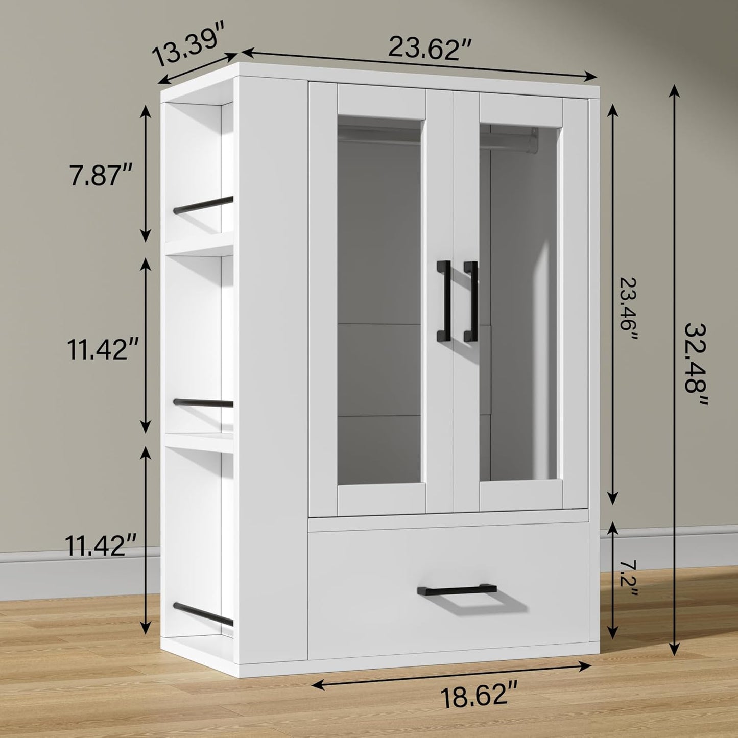 Kepptory Pet Wardrobe Closet with LED Light, Side Storage Shelves & Drawer, White Pet Clothes Organizer Cabinet with Hanging Rod, Multi-Functional Pet Closet for Dogs & Cats Clothing, Toys