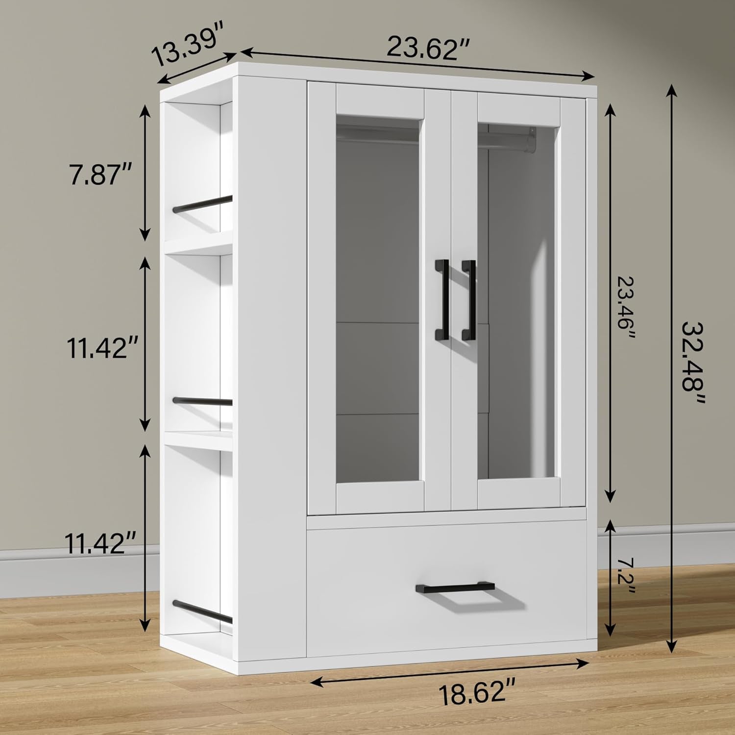 Kepptory Pet Wardrobe Closet with LED Light, Side Storage Shelves & Drawer, White Pet Clothes Organizer Cabinet with Hanging Rod, Multi-Functional Pet Closet for Dogs & Cats Clothing, Toys