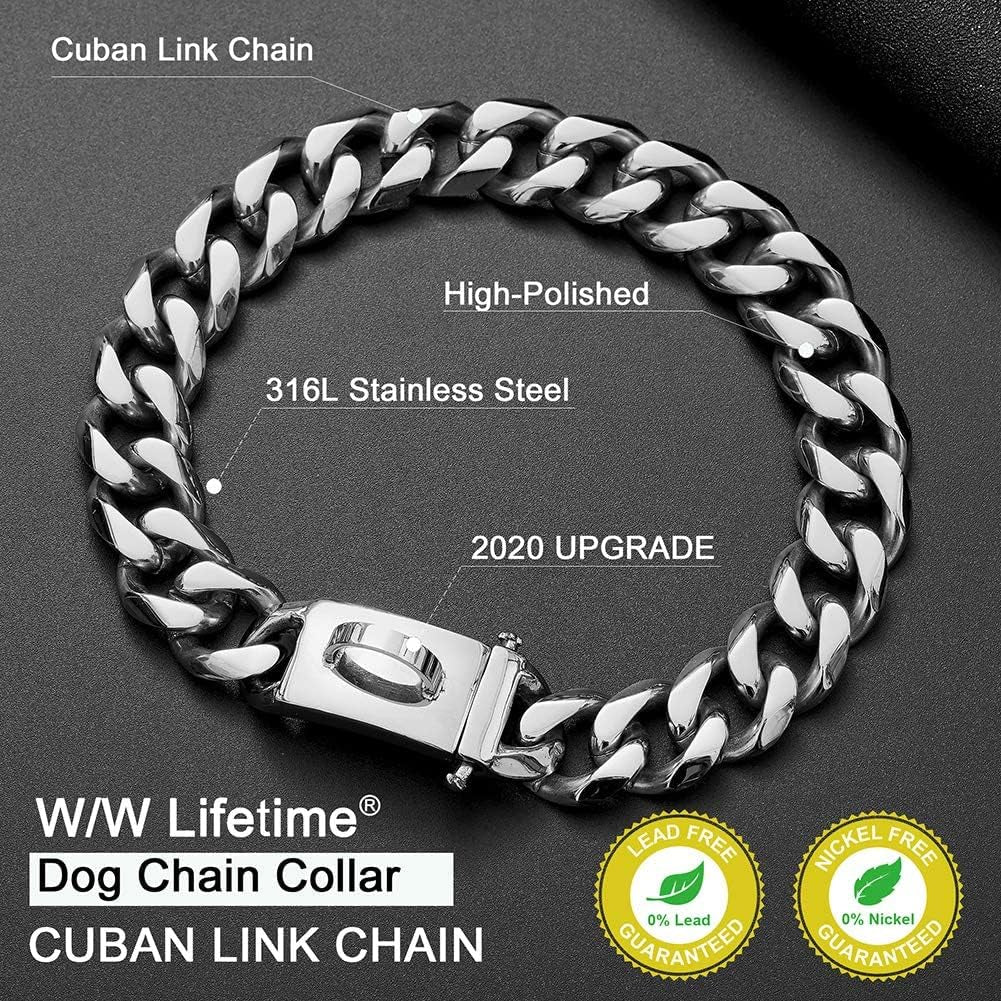 Dog Chain Collar Walking Metal Collar with Design Secure Buckle Cuban Link Strong Heavy Duty Chew Proof for Large Dogs(19Mm, 22")