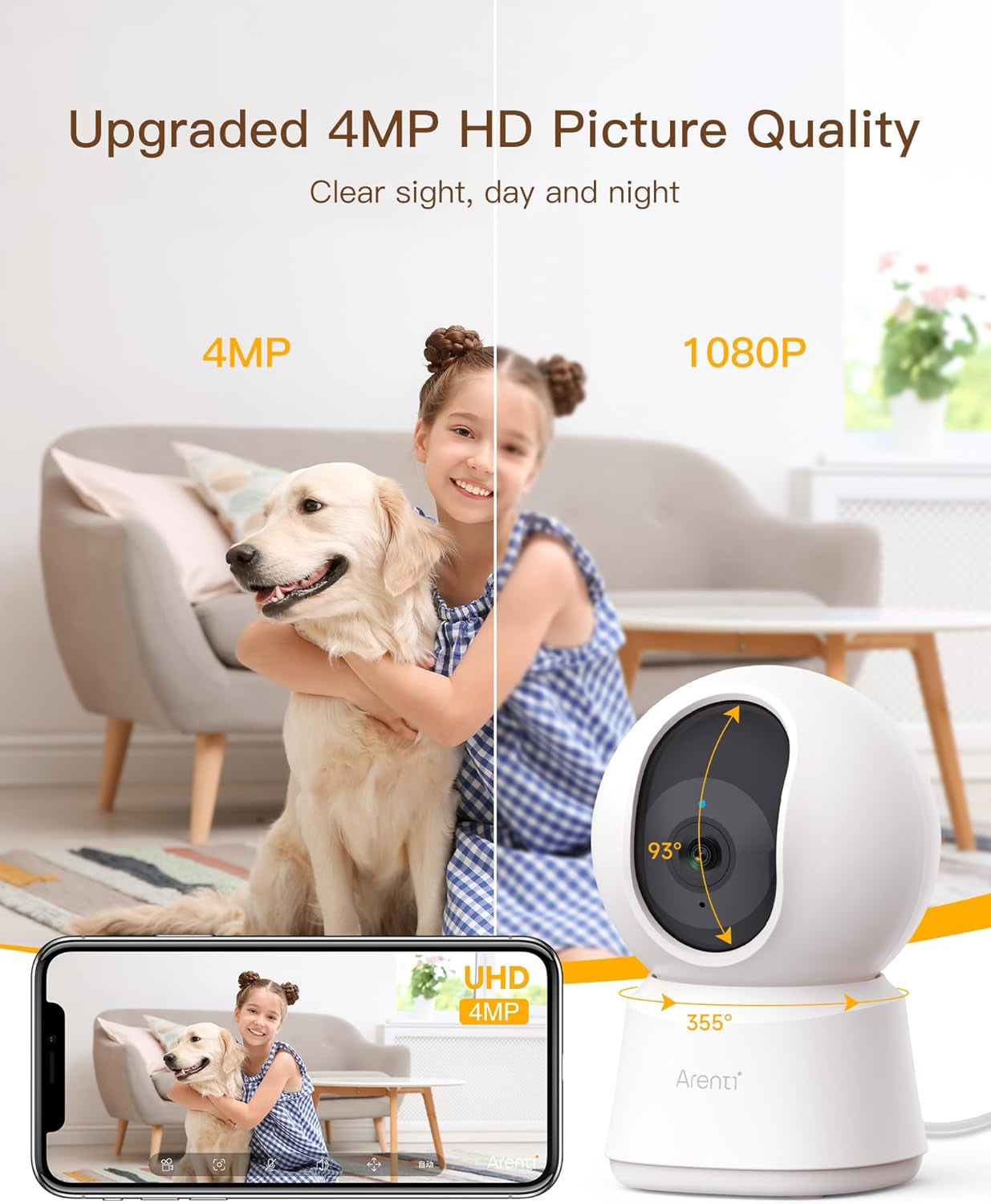 ARENTI 5G Indoor Security Camera, 4MP Pet Camera with Speaker for Dog/Cat, Baby Monitor with Phone App, Dual-Band Wifi, Auto Tracking, Super Night Vision, 2-Way Talk, Cloud & SD Card Storage(P2Q)