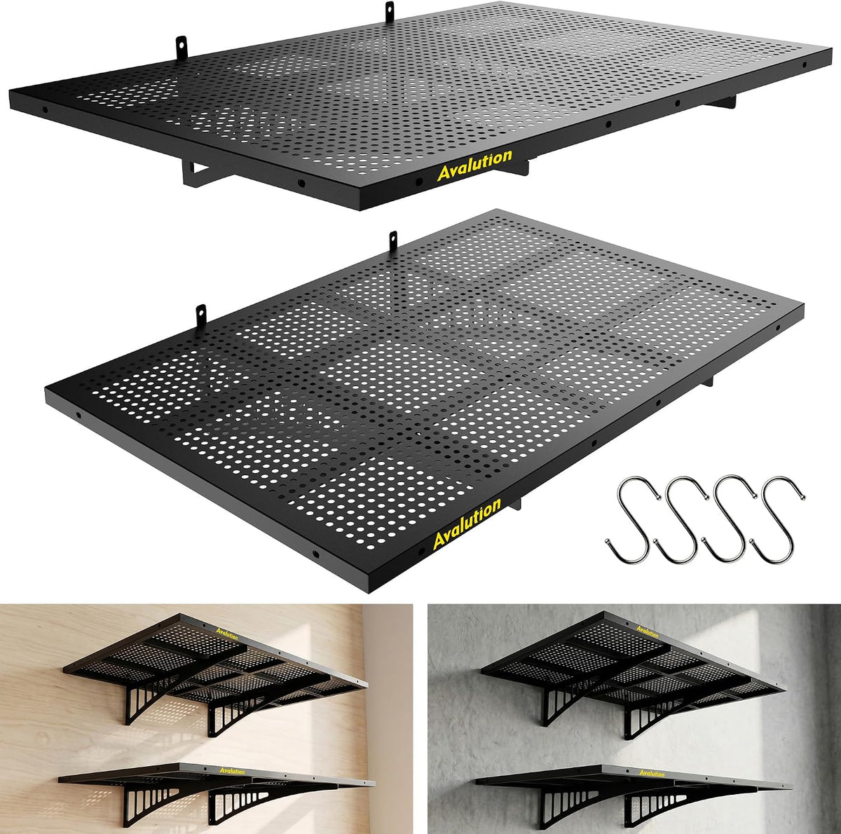 Avalution 2 Pack 2X3Ft Garage Shelving Wall Mounted with Hooks,650Lbs