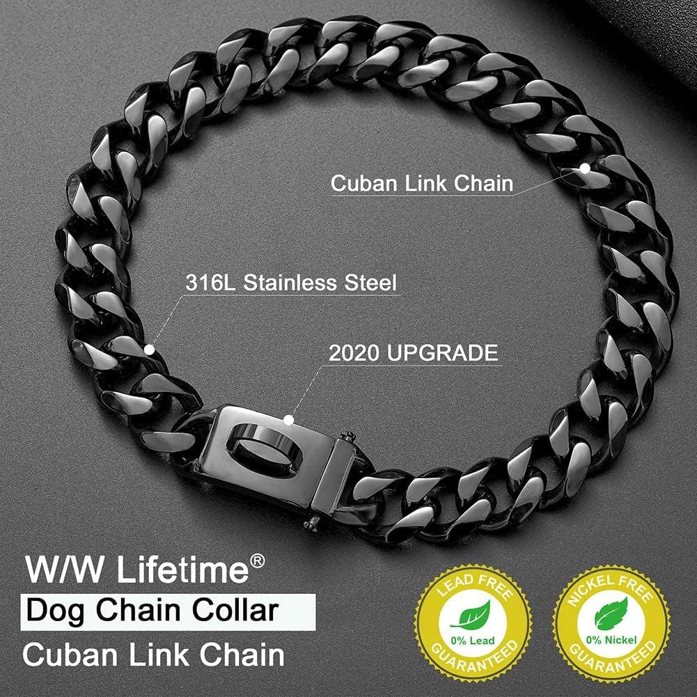 Dog Chain Collar Walking Training Collar with Design Secure Buckle 19MM Black Cuban Link Strong Heavy Duty Chew Proof Chain(19Mm, 20")