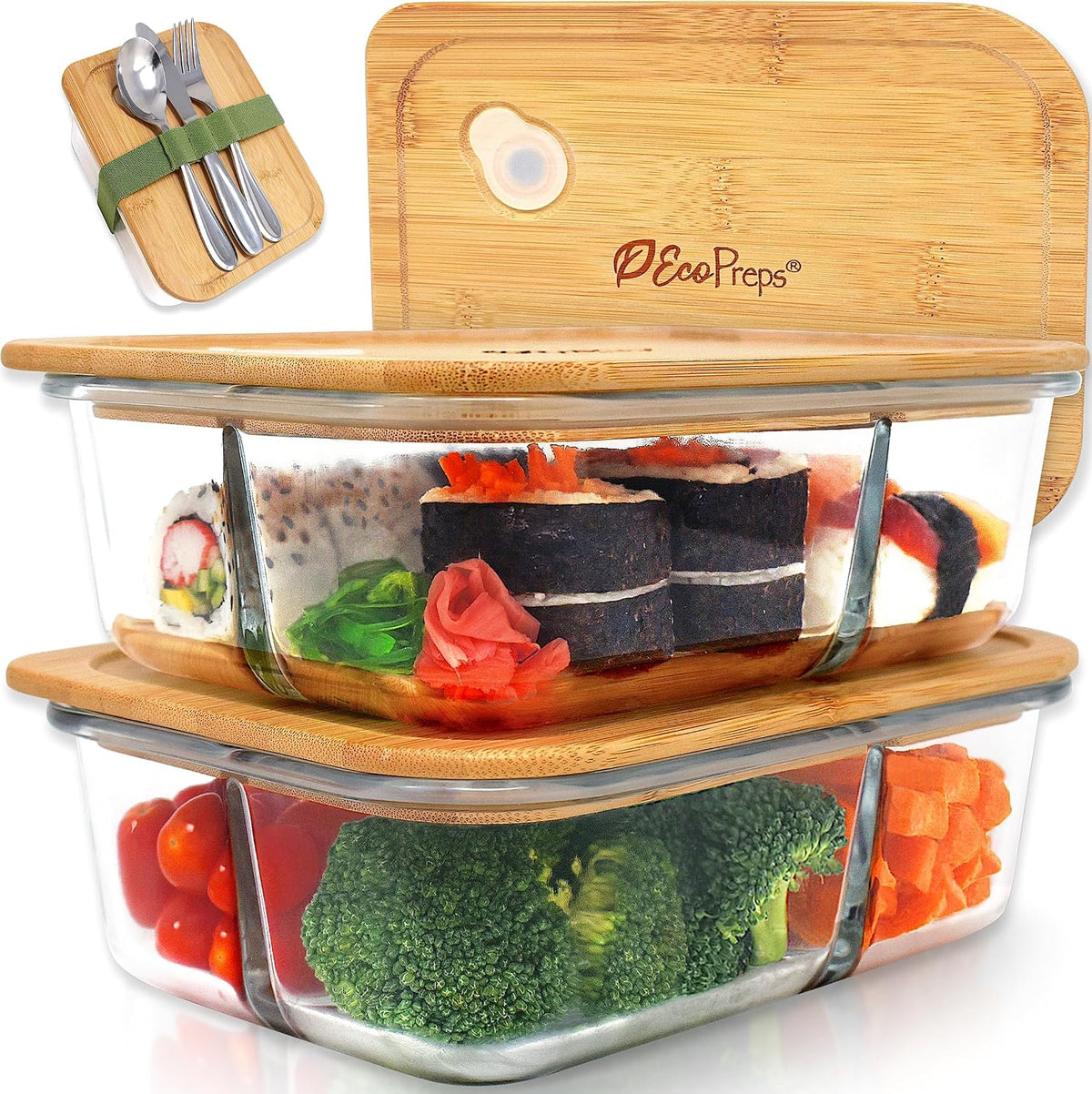 Ecopreps Large Glass Bento Box Containers with Bamboo Lids, 3 Compartments