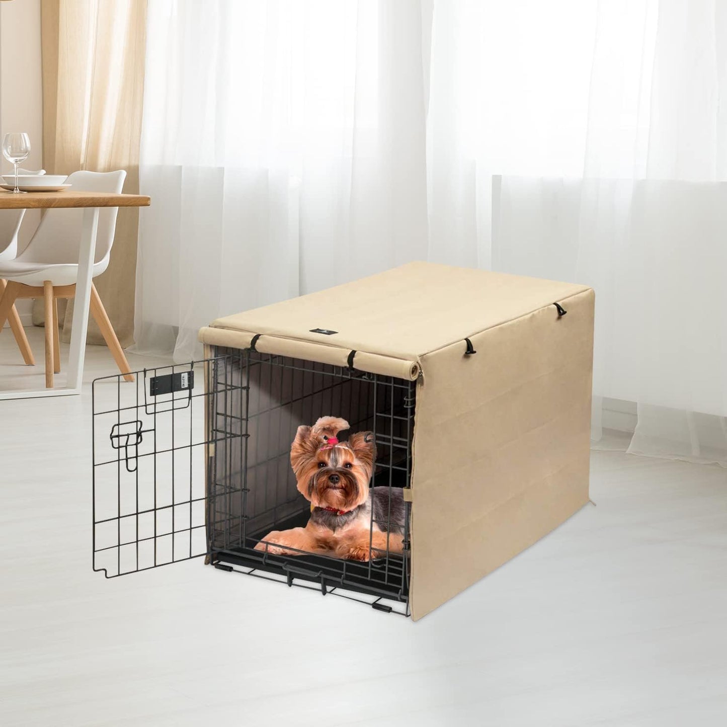 X-ZONE PET Double Door Dog Crate Cover - Polyester Pet Kennel Cover (Fits 24 30 36 42 48 Inches Wire Crate) (24 Inch, Tan)