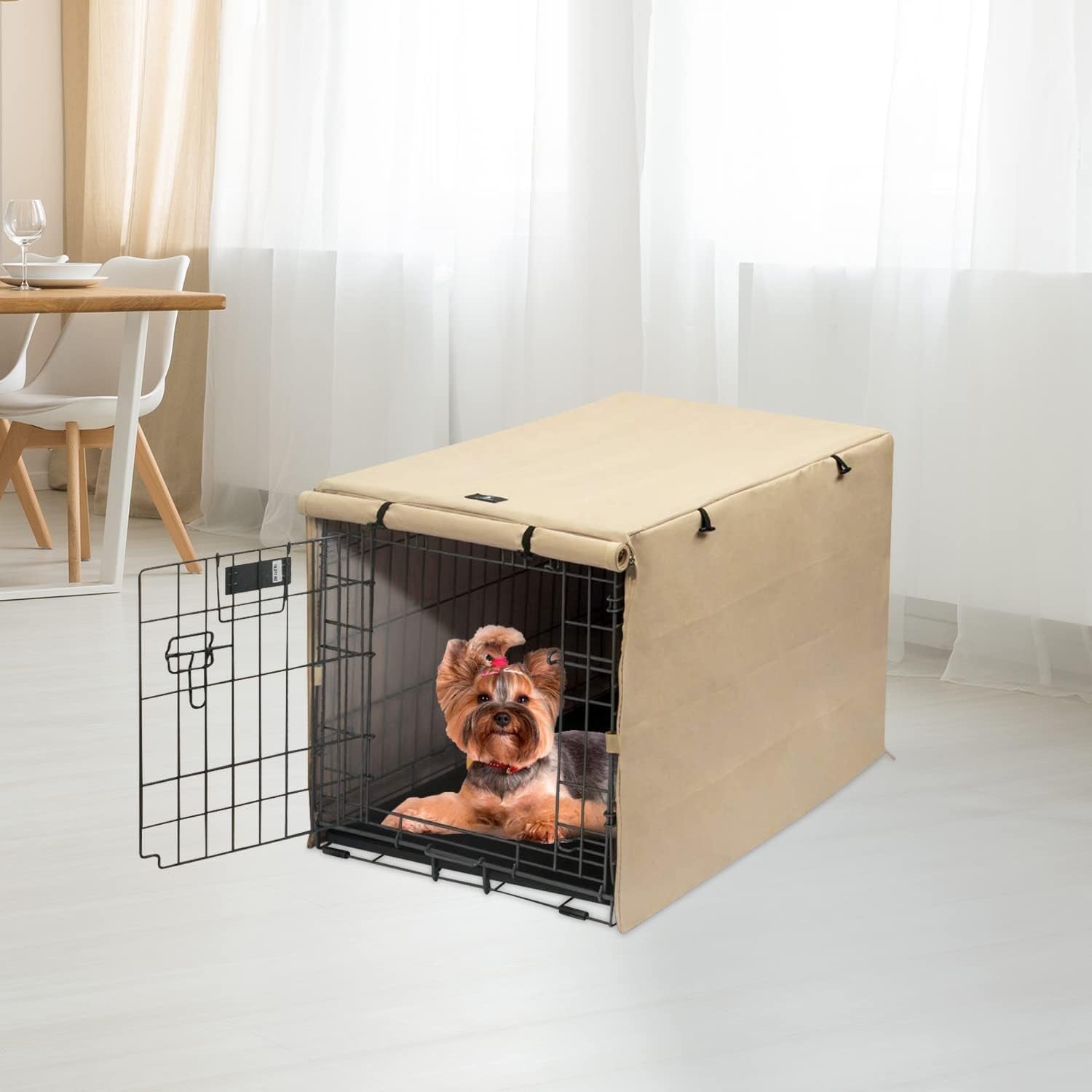 X-ZONE PET Double Door Dog Crate Cover - Polyester Pet Kennel Cover (Fits 24 30 36 42 48 Inches Wire Crate) (24 Inch, Tan)