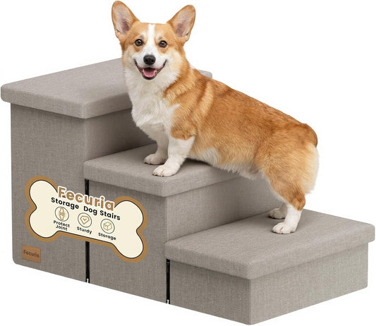 3-Step Wide Dog Stairs with Hidden Storage 18" H, Non-Slip Dog Steps for High Bed Couch Window Car, Jiont-Friendly Pet Stairs Ramp for Small/Medium/Large Old Dogs Cats up to 200Lbs, Grey