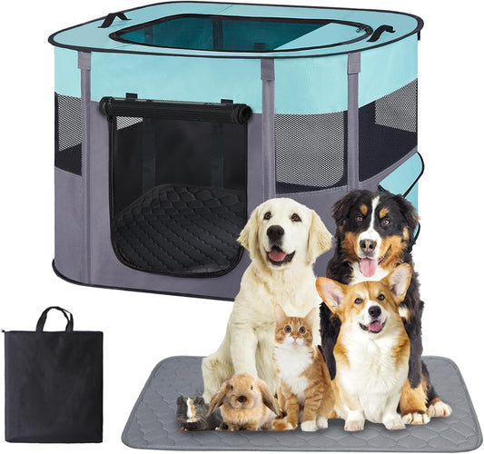 Pet Dog Cat Playpen with Waterproof Pad,Portable Puppy Kitten Rabbit Crate and Other Small Animals Kennel Cage Tent for Indoor Outdoor Travel Camping,Water-Resistant Breathable Shade Cover (Green S)