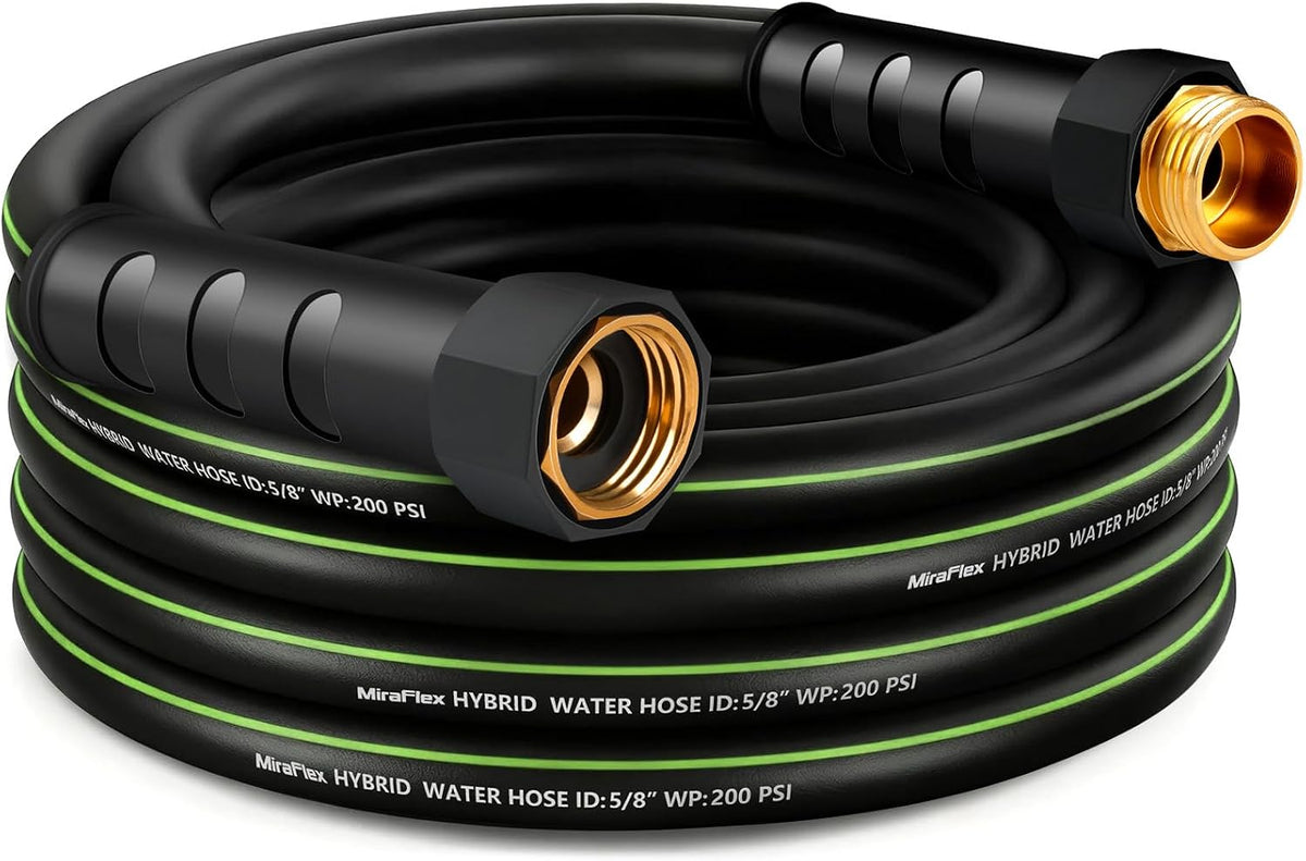 Non-Expandable Garden Hose 25Ft, Lightweight Hybrid Rubber PVC Water Hose, Kink Resistant, Solid Brass 5/8" Fittings, 200PSI Working / 600PSI Burst, for Yard RV Car Wash