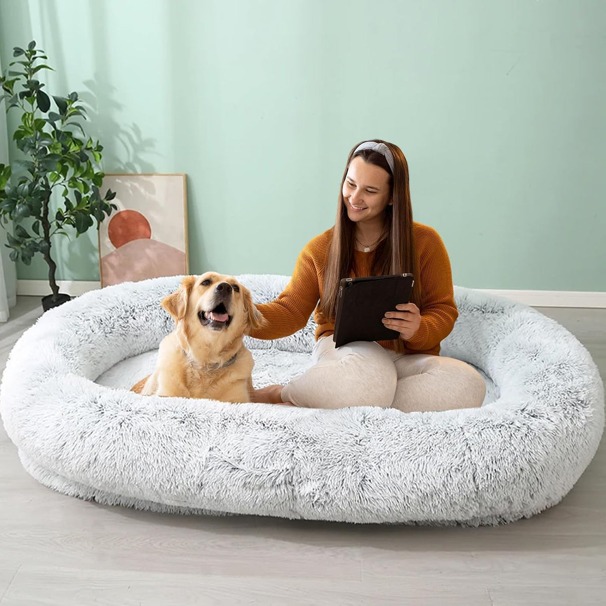 JOLLYVOGUE Human Dog Bed for Adults and Pets, Ultra-Soft Plush Giant Dog Bed with Egg Crate Foam, Non-Slip Base, and Machine Washable Cover - Ideal for Relaxation and Napping, Light Grey