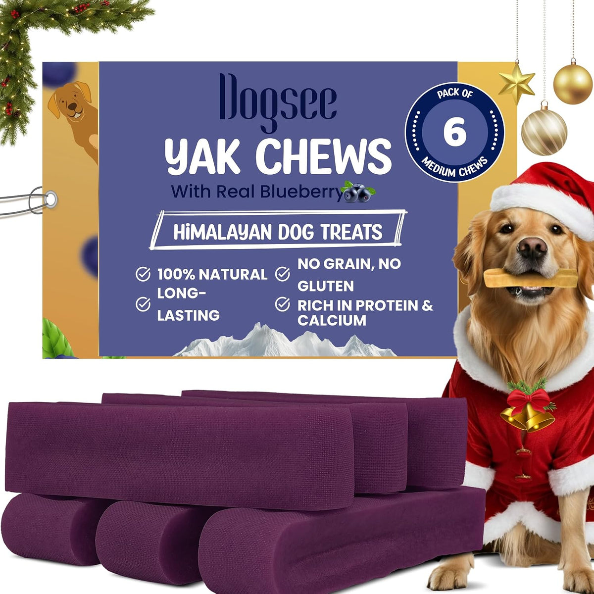Dogsee Blueberry Fruit Flavor Himalayan Yak Cheese Dental Chews for Dogs - (Medium 6) 60% Protein, Dog Treats Healthy Cleans Teeth & Freshens Breath No Grain, No Gluten Dog Chews Rawhide Free