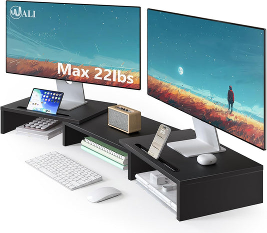 WALI Extra Long Wooden Dual Monitor Stand Riser with 2 Slots, up to 22Lbs