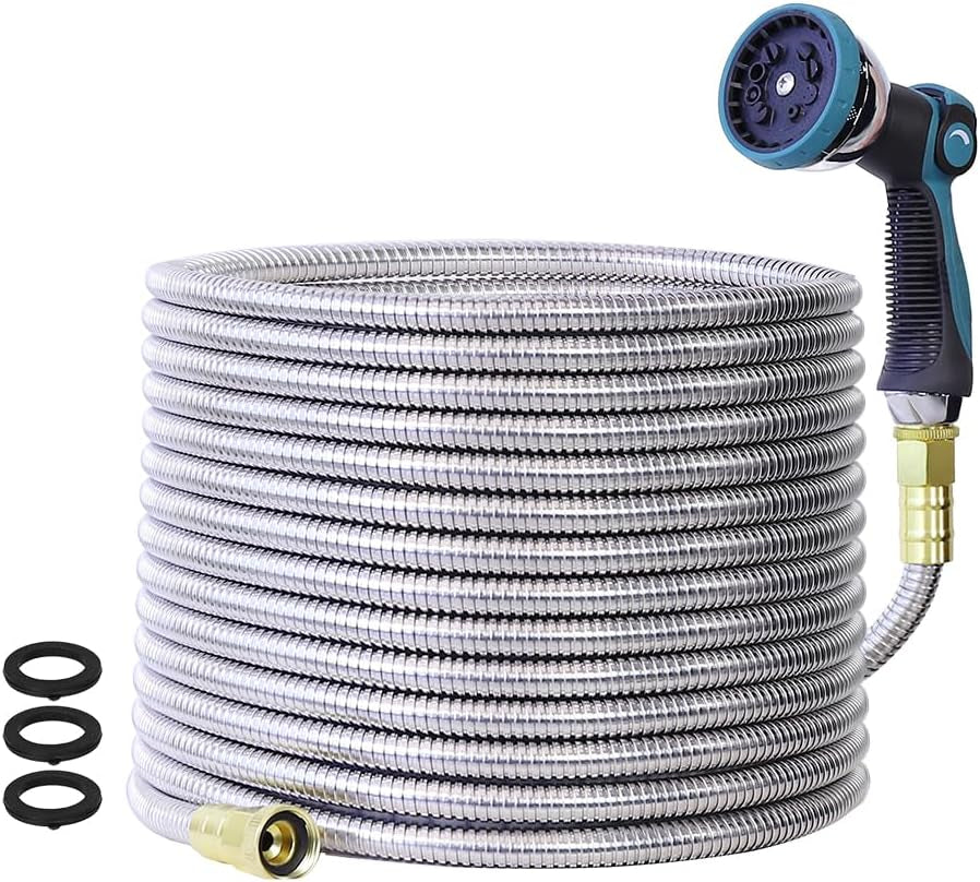 100FT Garden Hose, Stainless Steel Water Hose, Flexible with a 10-Mode Nozzle Sprayer, No Kink, Lightweight, Puncture Proof, Ideal for Yard, Lawn, Outdoor, 5/8'' outside Diameter