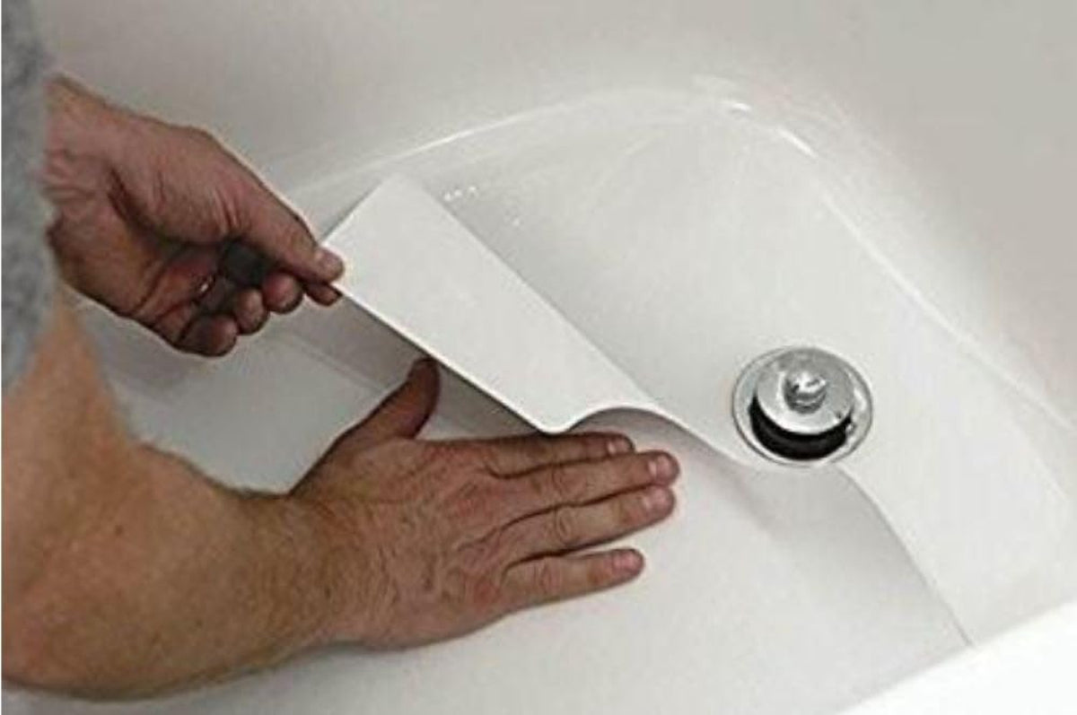 Safe Way Traction 16" X 40" White Adhesive Vinyl anti Slip Non Skid Safety Bath Mat with Drain Cut Out
