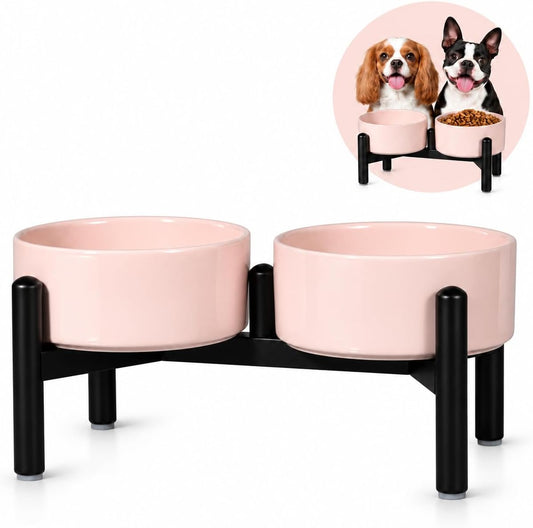 Ceramic Elevated Dog Bowl Set - Dog Feeder Station with Cute-Style Double Bowls for Small and Medium Size Breed - Non-Slip Raised Dish for Food and Water Feeding- 6 Inch - 3.5 Cups / 20 Fl Oz - Pink