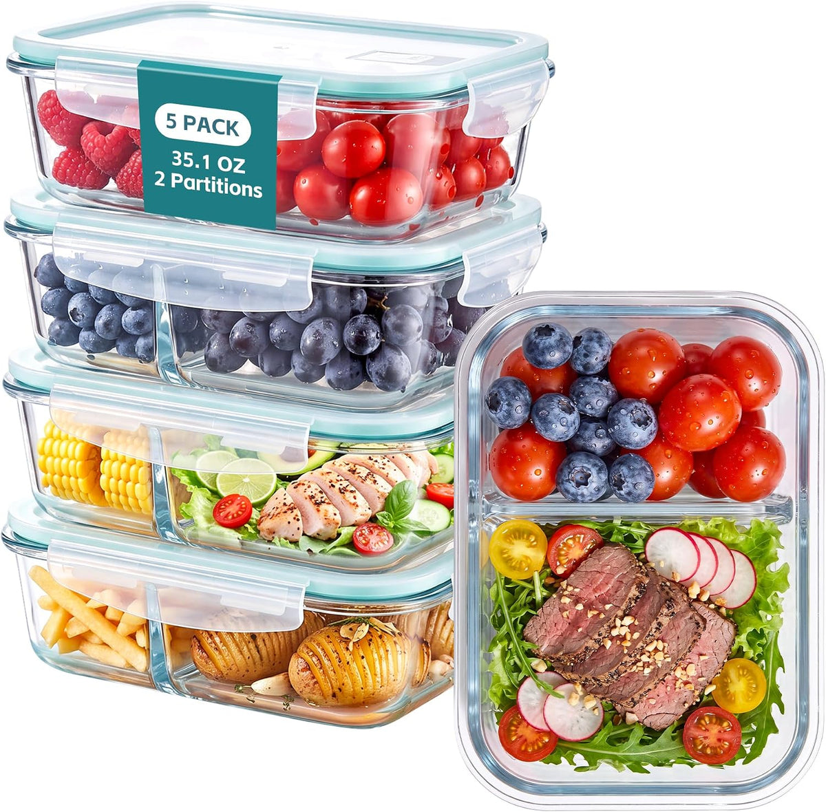5-Pack Glass Food Storage Containers with 2 Compartments, 35 Oz (5 Cups) Meal Prep Containers, Leak-Proof Lids, Microwave, Freezer, and Dishwasher Safe, Transparent White