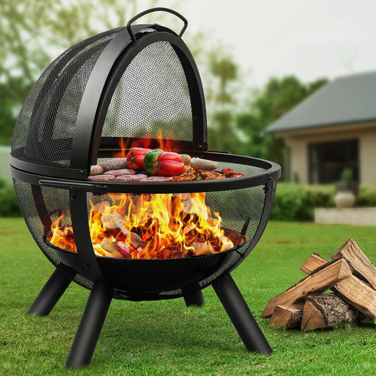 Ball of Fire Pit Fire Ball with BBQ Grill Fire Globe Pit Large round Fire Pit,Patio Fire Pit Fireplace for Camping, Heating, Bonfire and Picnic, Black, 33.85*32.67*35In, (BLKFP-001)