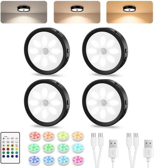 4-PACK under Cabinet Lighting Rechargeable Puck Lights with Remote Black