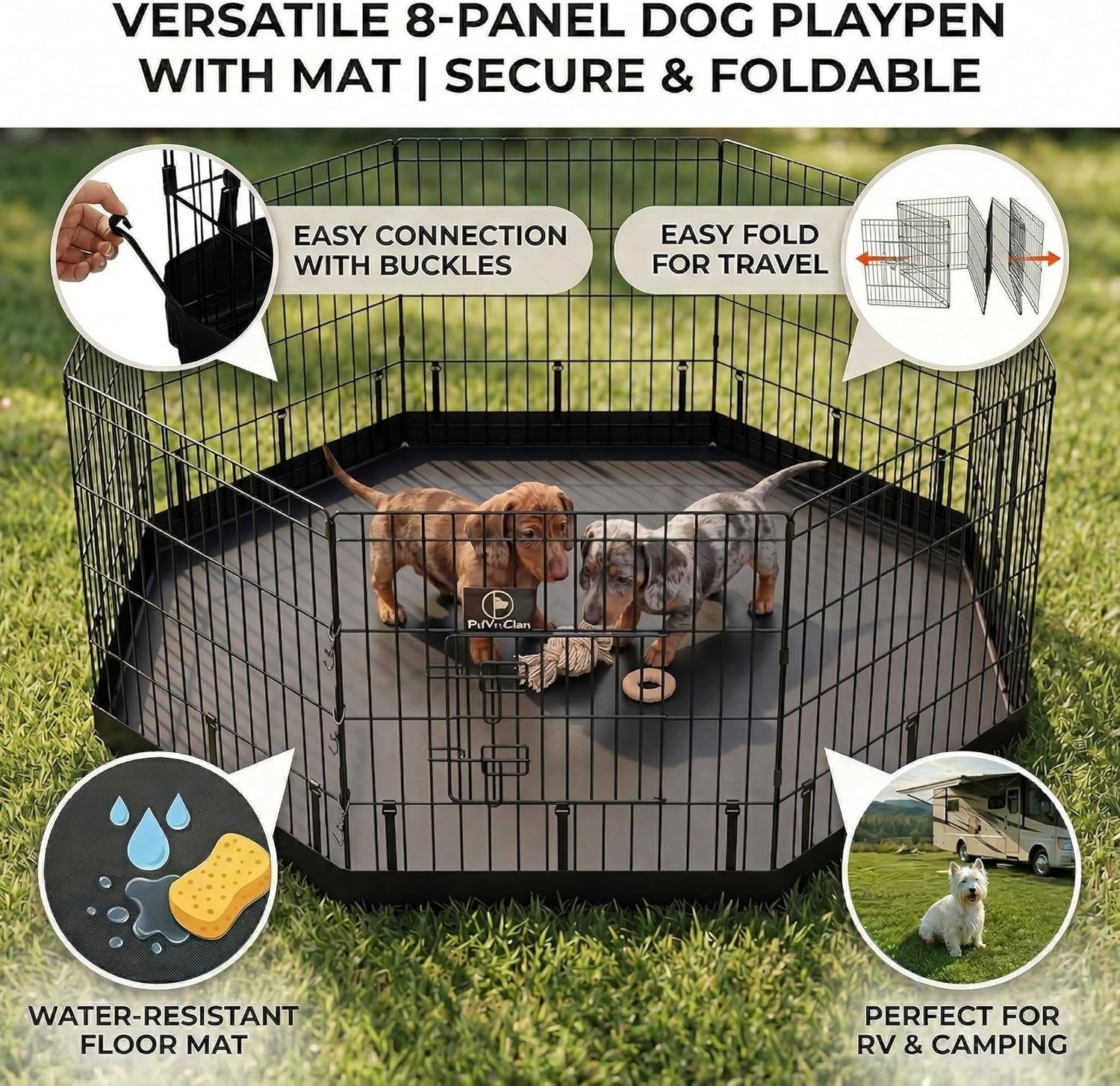 Pjyucien Dog Playpen with Bottom Pad - Metal Foldable Exercise Pen, 8 Panels 24" H X 24" W Indoor Outdoor Pet Fence Puppy Crate Kennel, Black