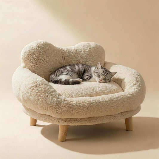 Elevated Cat Bed & Small Dog Sofa with Wood Legs - Mid-Century Modern Pet Furniture, round Faux Fur Calming Chair for Indoor Cats & Puppies up to 55Lbs, Fluffy Washable Cover(24") (White)