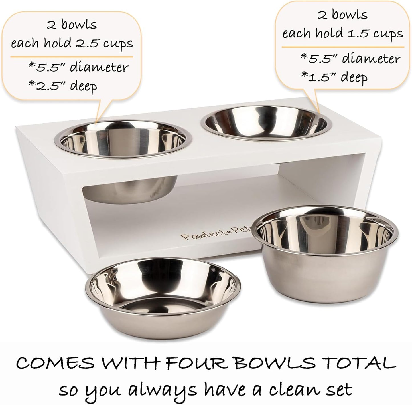 4" Tall Elevated Dog Bowls for Small Dogs and Cats. Raised Dog and Cat Food and Water Bowl Set by Pawfect Pets (White)