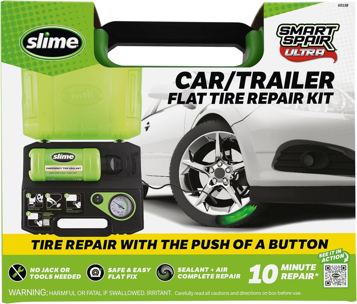 Slime 50158 Flat Tire Repair Kit, Smart Spair Ultra, All-In-One Solution, Repairs and Inflates, Car/Trailer, 10 Min Fix