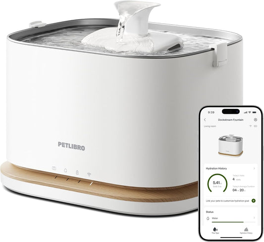 PETLIBRO Upgrade Cat Water Fountain, Cordless Cat Fountain Battery Operated, App Monitoring 3L/101Oz Dockstream 2 Pet Water Fountain with Stainless Steel Tray, 5Ghz Wifi Dog Water Bowl Dispenser