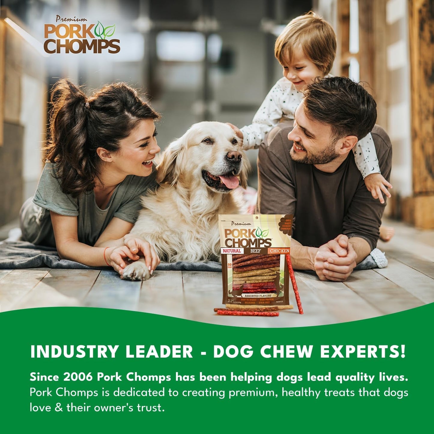 Pork Chomps Dog Chews, 5 Inch Munchy Sticks, 50 Count - Assorted Flavors: Roasted Pork, Chicken, & Bacon - Long-Lasting Treats for Dogs - High Protein, Low Fat, Healthy & Delicious Chews (1 Pack)
