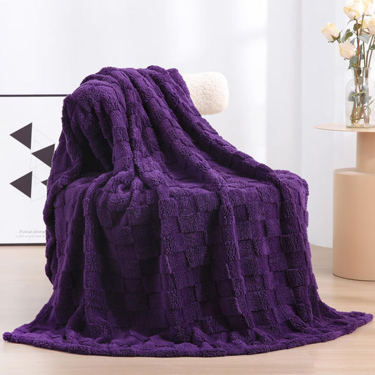 Deep Purple Fleece Throw Blanket 50”×60”Checkered Design for Couch